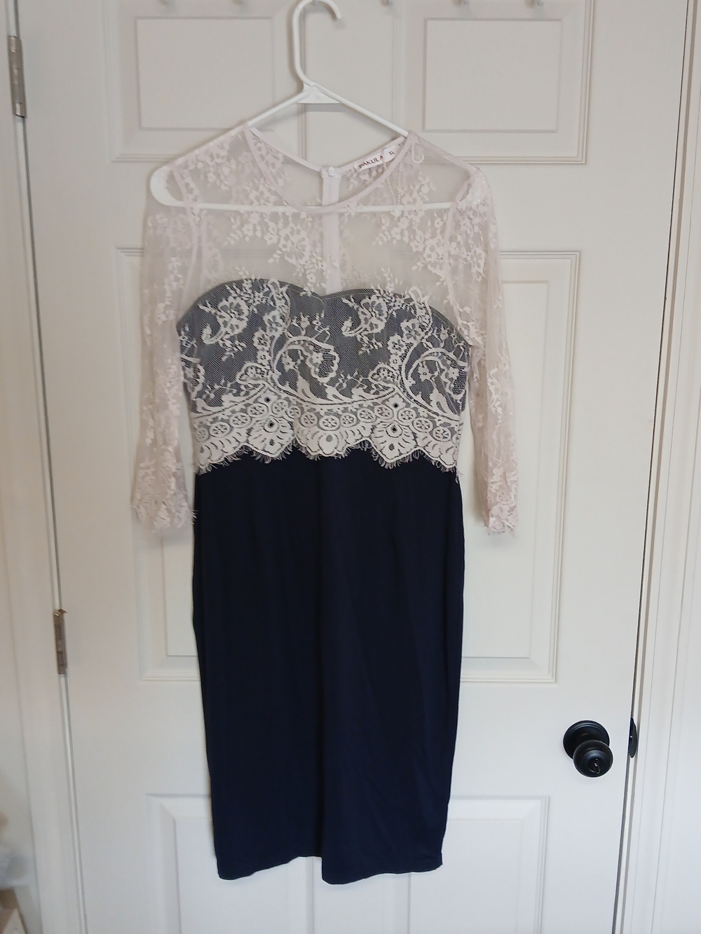 Elegant Navy and Ivory Lace Sheath Dress